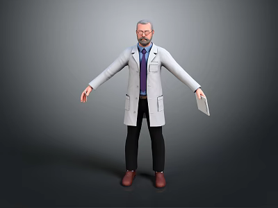 Professional Male Doctor Character In White Lab Coat Holding Folder Standing Against Gray Background 3d model