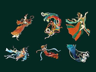 Women Depicted as Dunhuang Flying Fairies in Traditional Costumes with Flowing Ribbons 3d model