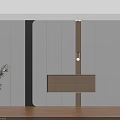Modern Wardrobe With White Black Panels Central Light Brown Drawer Wooden Floor And Green Plant