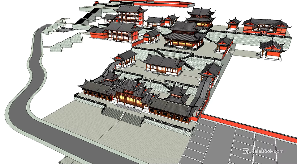 Aerial View of Ancient Chinese Architecture Complex With Traditional Roofs and Courtyards 3d model 
