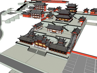 Aerial View of Ancient Chinese Architecture Complex With Traditional Roofs and Courtyards 3d model