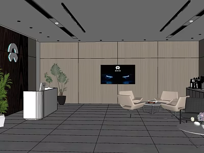 Modern Office Reception Area With Sofa Chairs Plants Wooden Wall And TV Screen 3d model