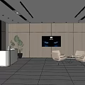 Modern Office Reception Area With Sofa Chairs Plants Wooden Wall And TV Screen