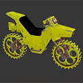 Yellow motorcycle with black seat and spoked wheels in retro mechanical design