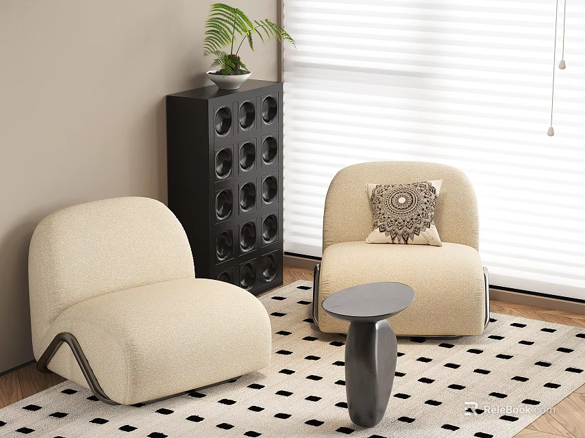 Beige Upholstered Modern Lounge Chairs With Small Round Table Potted Plant On Checkered Rug 3d model 