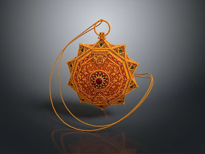 Golden Tea Set With Intricate Patterns Circular Design Red Gem Center And Chain Decoration 3d model