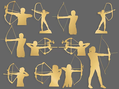 Golden Archer Silhouette Wall Decor With Various Poses For Home Decoration 3d model