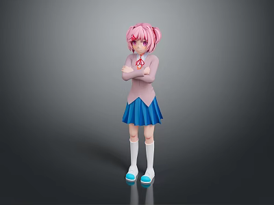 Anime Character With Pink Hair Top Blue Pleated Skirt White Socks Blue Shoes Crossed Arms 3d model