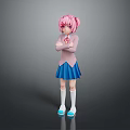 Anime Character With Pink Hair Top Blue Pleated Skirt White Socks Blue Shoes Crossed Arms