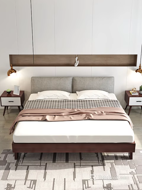Double Bed with Gray Headboard White Pillows Checkered Blanket Nightstands Lamps and Wooden Accent Wall 3d model 