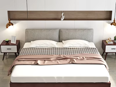 Double Bed with Gray Headboard White Pillows Checkered Blanket Nightstands Lamps and Wooden Accent Wall 3d model