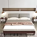 Double Bed with Gray Headboard White Pillows Checkered Blanket Nightstands Lamps and Wooden Accent Wall