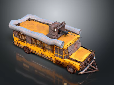 Rusty Yellow Modified Vehicle With Mounted Weapon And Protective Rails On Top 3d model