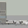 Modern Commercial Complex With Tall Building Low-Rise Structures And Pedestrian Activity Areas