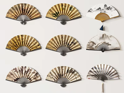 Chinese Traditional Fan Wall Hangings with Various Artistic Landscape Designs for Home Decor 3d model