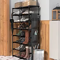 Sturdy Black Multi Layer Shoe Storage Rack With Umbrella Holder And Side Pockets 3d model