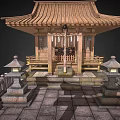 Traditional Ancient Architecture Featuring Torii Gate Wooden Pavilion Tiled Roof Stone Railings and Lanterns