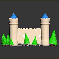 Cute Castle Model With Blue Top Towers Beige Walls And Green Trees On Green Base