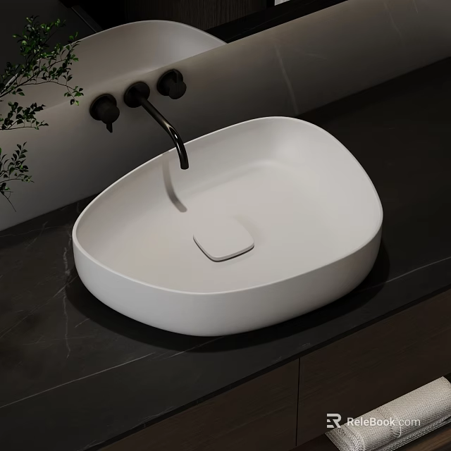 Modern White Ceramic Washbasin With Unique Shape Black Faucet And Green Plants On Dark Countertop 3d model 