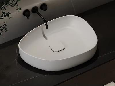Modern White Ceramic Washbasin With Unique Shape Black Faucet And Green Plants On Dark Countertop 3d model