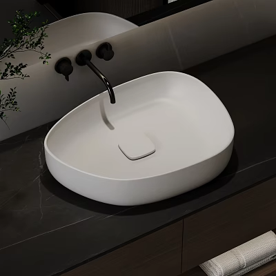 Modern White Ceramic Washbasin With Unique Shape Black Faucet And Green Plants On Dark Countertop 3d model