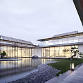 Modern Sales Office Building With Glass Curtain Walls Courtyard Water Feature And Stone Pathway 3d model