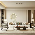 Modern Chinese Living Room Interior With Round Mirror Sofa Coffee Table Floor Lamp And Bookshelf