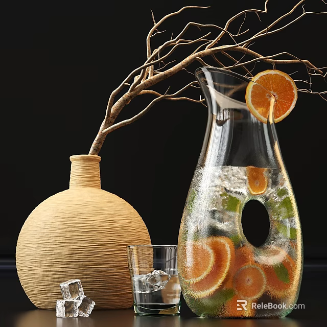 Elegant Bathtub Setup With Clay Vase Branches Glass Carafe Ice And Citrus Slices 3d model 