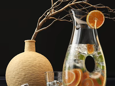 Elegant Bathtub Setup With Clay Vase Branches Glass Carafe Ice And Citrus Slices 3d model