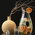 Elegant Bathtub Setup With Clay Vase Branches Glass Carafe Ice And Citrus Slices