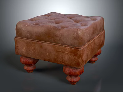 Brown Tufted Ottoman with Round Wooden Bun Feet Classic Design 3d model