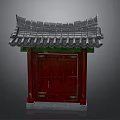 Traditional Chinese Architecture With Red Wooden Door And Gray Tiled Roof