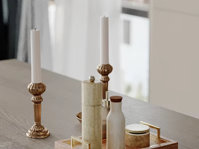 Elegant Kitchen Countertop With Golden Candle Holders White Candles Marble Textured Spice Jars Wooden Tray 3d model