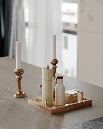 Elegant Kitchen Countertop With Golden Candle Holders White Candles Marble Textured Spice Jars Wooden Tray 3d model