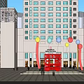 Modern Commercial Complex with Shopping Center Green Plaza Trees and Tall Buildings