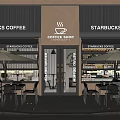Modern Outdoor Table with Umbrella and Chairs on Coffee Shop Exterior Patio