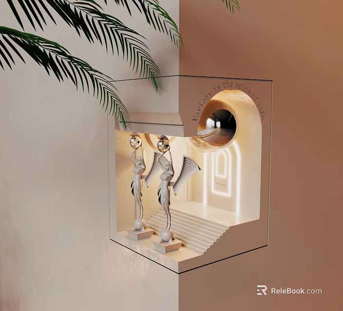 Elegant Wall Lamp with Winged Statues Near Stairs and Arched Doorway and Palm Leaves 3d model 