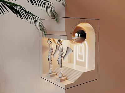 Elegant Wall Lamp with Winged Statues Near Stairs and Arched Doorway and Palm Leaves 3d model