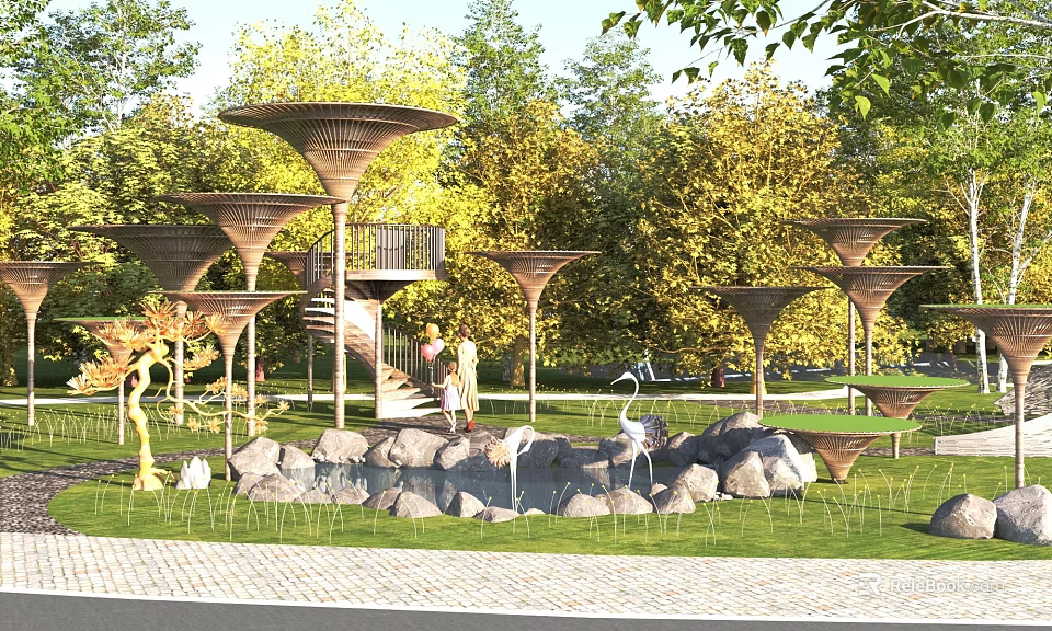 Modern Outdoor Landscape With Pavilion Structures Green Trees Grass And Stones 3d model 