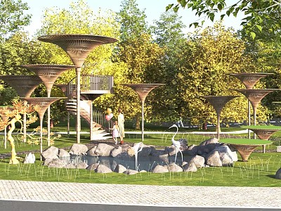Modern Outdoor Landscape With Pavilion Structures Green Trees Grass And Stones 3d model