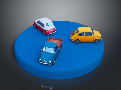 Three Small Different Colored Toy Cars Displayed on Blue Circular Platform 3d model