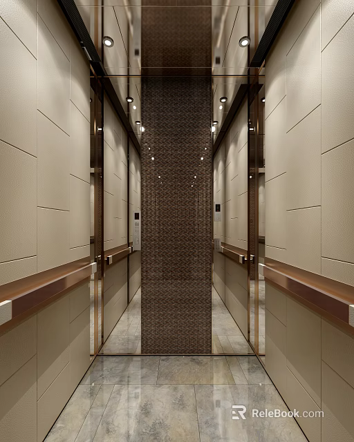 Modern Elevator Interior Design with Metal Decorative Panels Recessed Lighting and Wooden Handrails 3d model 