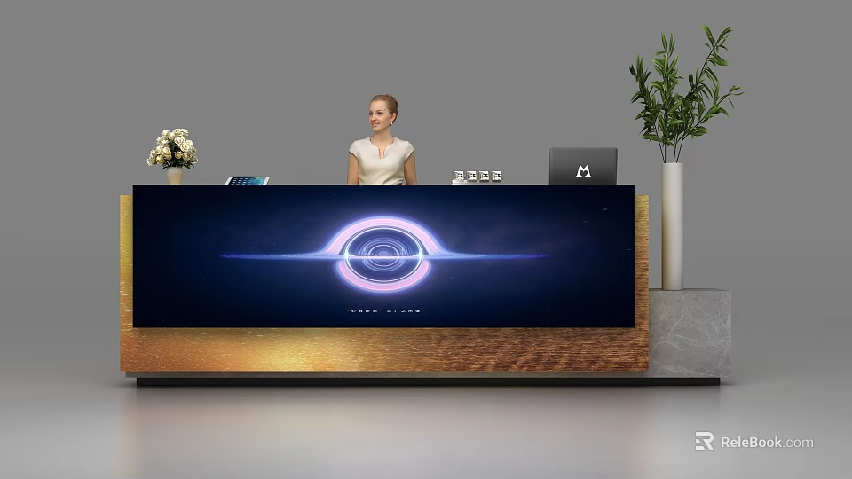 Modern Reception Desk With Illuminated Circular Design Green Plant And Digital Screen 3d model 