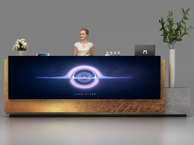 Modern Reception Desk With Illuminated Circular Design Green Plant And Digital Screen 3d model