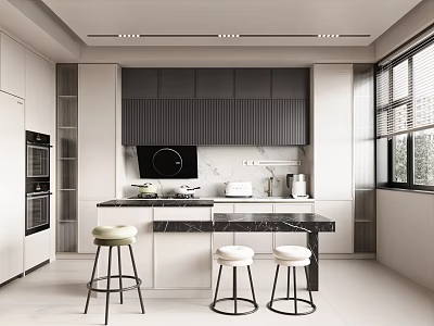 Modern Kitchen Interior With White Cabinets Black Countertops Island Bar Stools And Ceiling Lights 3d model