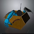 Brown Cardboard Box Containing Blue Robotic Arm Metal Tool And Black Object