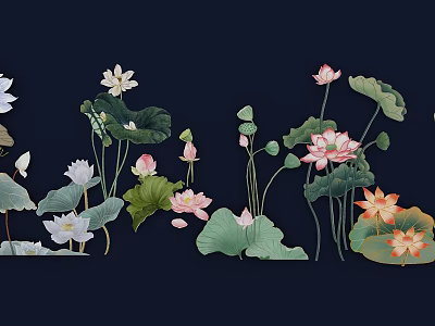 Plant Painting with White Pink Orange Lotus Flowers and Green Lotus Leaves on Dark Background 3d model