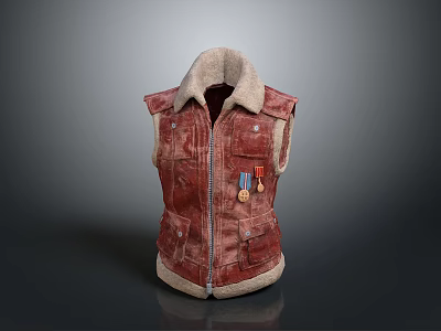 Red Leather Vest With Fleece Collar And Decorative Badges For Daily Use 3d model