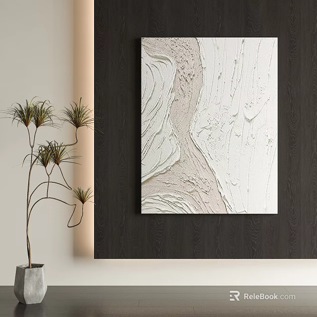 Modern Abstract Landscape Painting With Textured White And Beige Tones And Natural Plant Accent 3d model 