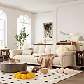 Cozy Living Room Interior With Beige Sofa Flower Shaped Cushions Brown Blanket And Checkered Rug